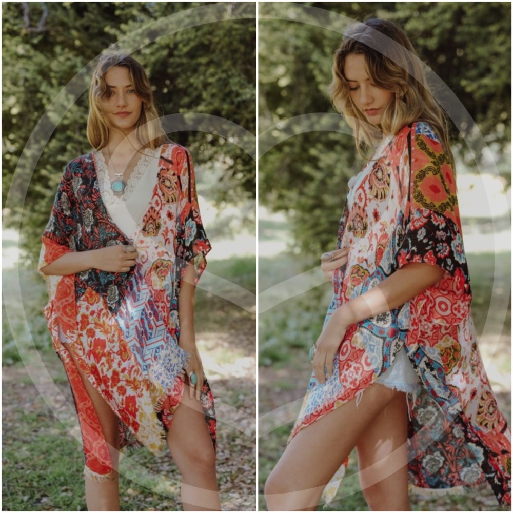 Boho Colorful Floral Patchwork Open Front Cover up Kimono - Picture 2 of 8